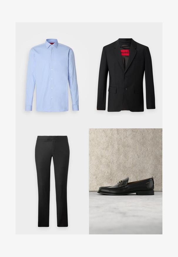 Sort blazer med to knapper, notch lapeller og klaplommer. Foret med en rød etiket med teksten "HUGO." Glat stof med en skræddersyet pasform.; Lyseblå langærmet skjorte lavet af bomuld, med klassisk krave og knaplukning foran med hvide knapper. Glat tekstur.; Sorte lige bukser lavet af glat stof, med flad front, ingen synlige lommer og et rent talje-design.; Sort læderloafers med guldfarvet metaldekoration og "HUGO" branding, vist mod en beige tæppe og brunt gennemsigtigt møbel.