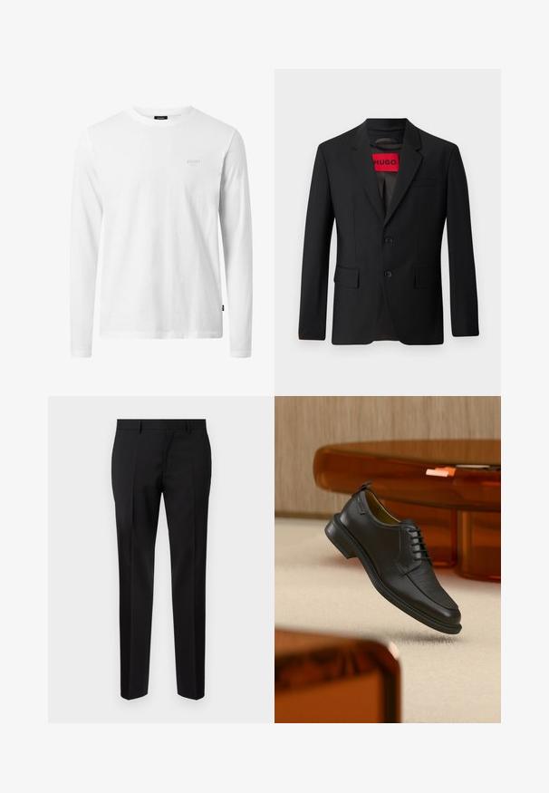 Blazer negro con dos botones, solapa de pico y bolsillos de solapa. Forrado con una etiqueta roja que dice "HUGO". Tejido suave con un ajuste a medida.; Camiseta blanca de manga larga hecha de algodón, con cuello redondo, textura suave y un sutil logo en el pecho. Diseño simple y clásico.; Pantalones negros de corte ajustado, hechos de una tela suave, con pernera recta, detalles de pinzas refinadas y una cinturilla clásica con ojales para cinturón.; Zapato de vestir negro de piel con cordones y parte delantera texturizada, flotando sobre una alfombra beige en una habitación moderna con muebles de tono ámbar.