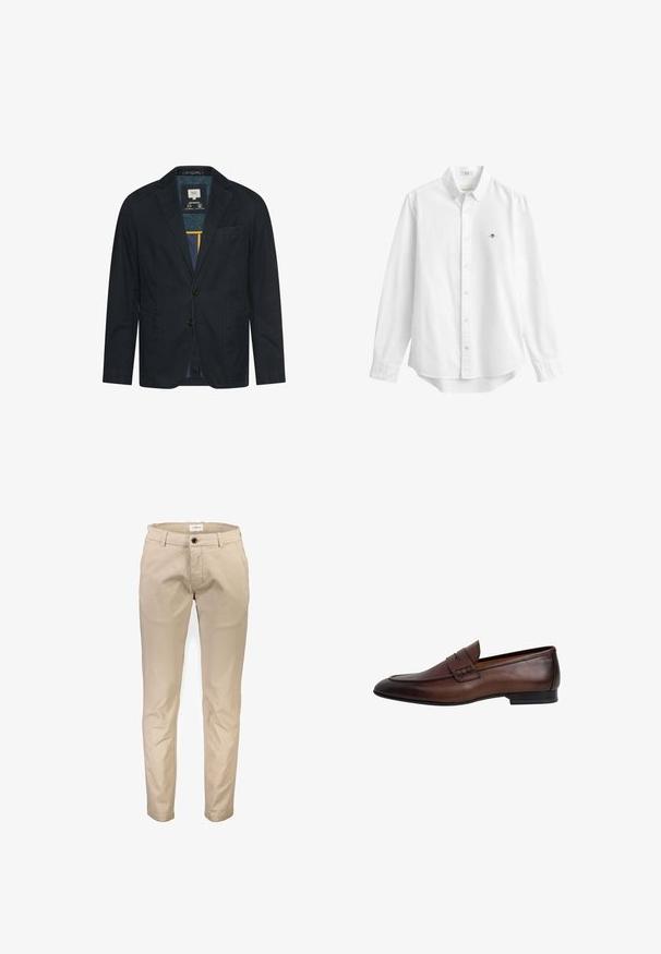 Dunkler navyblauer Herrenblazer mit Kantenrevers, zwei Frontknöpfen, aufgesetzten Taschen und einem innenliegenden Performance-Futter.; Weißes Langarmhemd mit Knopfleiste, Kragen und kleinem gesticktem Logo auf der linken Brust, vor schlichtem Hintergrund gezeigt.; Beige Baumwollhosen mit geradem Bein, ausgestattet mit Vordertaschen, Reißverschluss und einem einzelnen Knopfverschluss. Glatte Textur, ohne Muster.; Dunkelbrauner Leder-Herrenslipper mit Penny-Riemen, abgerundetem Zehenbereich, niedrigem Absatz und glatter Oberfläche.