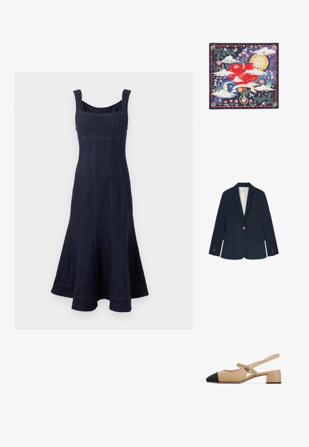 Blazer azul marino con un solo botón dorado, dos bolsillos frontales, solapas muescas y un forro interior suave. Diseño clásico y a medida.; Vestido de mezclilla oscura con corsé ajustado, falda acampanada, escote cuadrado y tirantes anchos. Costuras de contraste a lo largo de las costuras.; Zapatos de tacón bajo de piel beige con un dedo del pie puntiagudo negro, correa con hebilla y un bajo bloque que presenta un acento plateado en la base.; Pañuelo de seda con sol, luna, nubes, corazón rojo, flores, pájaros, querubines y pancarta con la palabra "FREYA" sobre fondo azul oscuro con borde decorativo.