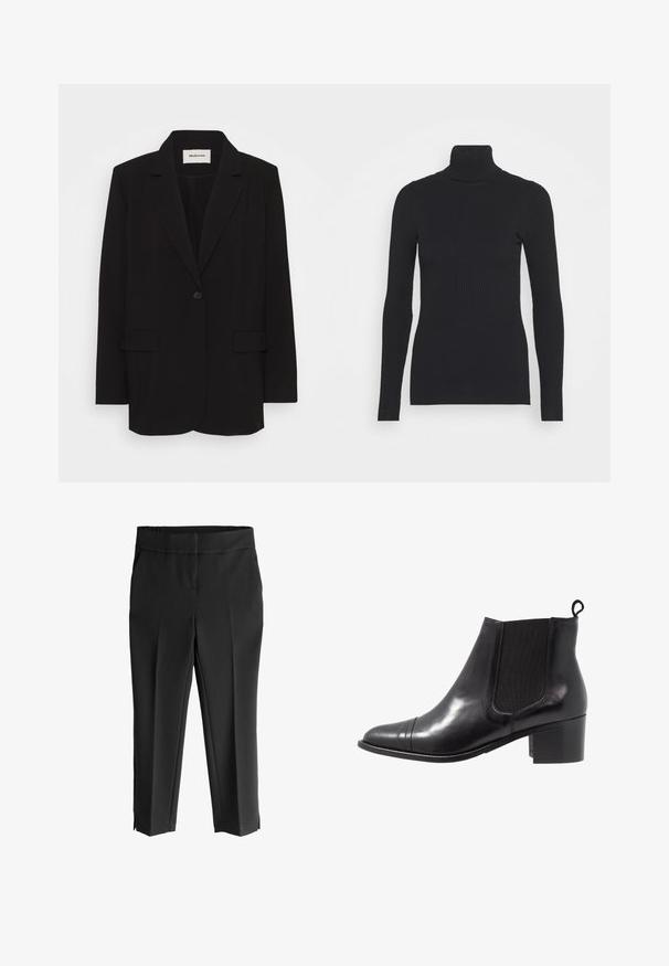 Schwarzes Blazer aus glattem Stoff, mit einem einzelnen Knopfverschluss, Reverskragen und zwei Fronttaschen. Minimalistisches Design mit lockerer Passform.; Schwarzer gerippter Rollkragenpullover, der lange Ärmel und eine figurbetonte Silhouette bietet. Die Textur ist glatt mit einem horizontalen Rippenmuster.; Schwarze, kürzere Hose mit breitem Bund, die über eine glatte Textur, schmal zulaufende Beine und seitliche Schlitze am Saum für zusätzliche Details verfügt.; Schwarze Leder-Ankle-Boots mit elastischen Seiteneinsätzen, runder Zehenpartie und strukturiertem Blockabsatz. Mit einer Schlaufe an der Rückseite für ein einfaches An- und Ausziehen.