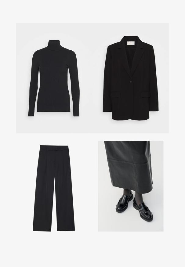 Čierny blazer vyrobený z hladkej tkaniny, s jedným gombíkom na zapínanie, s vykrojenými klopami a dvoma prednými vreckami. Minimalistický dizajn s voľnejším strihom.; Čierny rebrovaný rolák, ktorý má dlhé rukávy a priliehavý strih. Textúra je hladká s horizontálnym rebrovaním.; Čierne široké nohavice s hladkou textúrou, obsahujúce dva predné záhyby, pás a bez viditeľného kovania alebo vreciek.; Čierne kožené poltopánky s hladkým povrchom, s dekoratívnym pásikom, okrúhlou špičkou a textúrovanou podrážkou. Nosené s dlhou čiernou koženou sukňou.