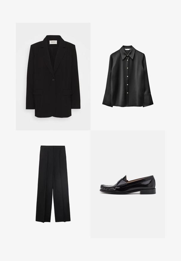 Sort blazer lavet af glat stof, med en enkelt knaplukning, stiklagte klipper og to forlommer. Minimalistisk design med en afslappet pasform.; Sort satinbluse med lange ærmer, spids krave, knapper foran og udvidede manchetter. Har en diskret glans og runde knapper.; Bredde ben sorte bukser med en glat tekstur, med plisseringer foran og en høj talje-design. Ingen synlige lommer eller hardware.; Sorte læder moccasin sko med en skinnende finish, der har frynsedetaljer langs fronten og en lav stabelhælk.