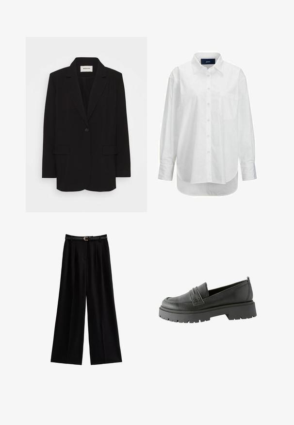 Sort blazer lavet af glat stof, med en enkelt knaplukning, stiklagte klipper og to forlommer. Minimalistisk design med en afslappet pasform.; Hvid langærmet skjorte i glat bomuld med knapkrave, frontlomme og buet nederkant. Har en rygskulder for ekstra struktur.; Bredde ben sorte bukser lavet af blødt stof, med skarpe folder og et tekstureret sort bælte med en gylden spænde.; Sorte læder loafers med en tekstureret overflade, fremtrædende syning og en tykk sort gummisåle med mønster.