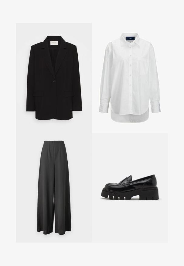 Sort blazer lavet af glat stof, med en enkelt knaplukning, stiklagte klipper og to forlommer. Minimalistisk design med en afslappet pasform.; Hvid langærmet skjorte i glat bomuld med knapkrave, frontlomme og buet nederkant. Har en rygskulder for ekstra struktur.; Sorte vide bukser lavet af et glat stof, med høj talje og plisseret design for ekstra struktur og dybde.; Sorte læder loafers med en chunky, tekstureret platformssål og en dekorativ rem over toppen. Glat, blank finish.