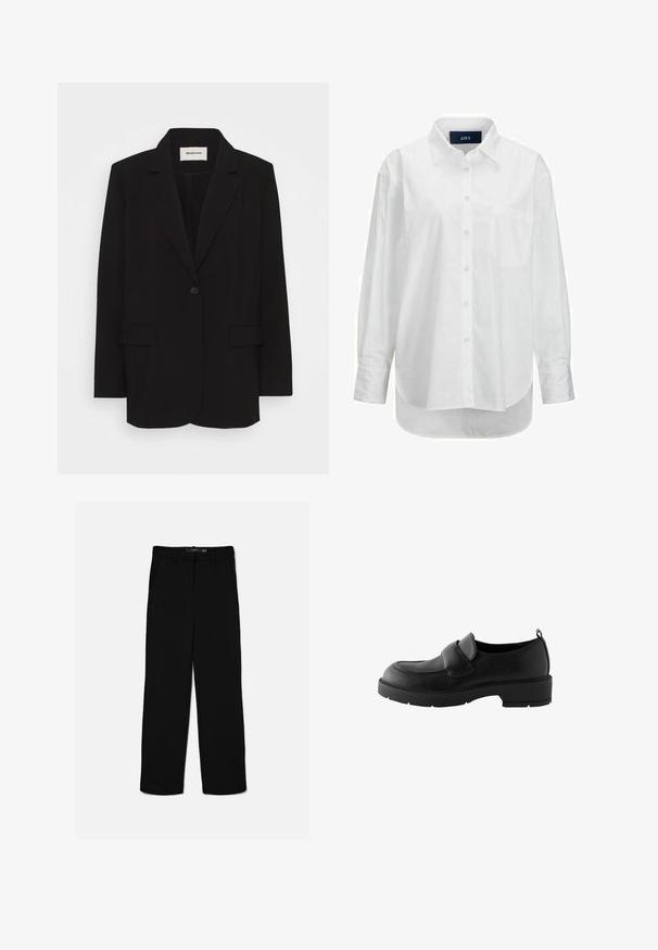 Blazer negro de tela suave, con un cierre de un solo botón, solapas de muesca y dos bolsillos frontales. Diseño minimalista con un corte relajado.; Camisa blanca de manga larga en algodón suave con cuello abotonado, bolsillo frontal y dobladillo curvado. Cuenta con un canesú en la parte posterior para mayor estructura.; Pantalones negros de corte recto con trabillas, cremallera frontal y bolsillos laterales, colocados planos sobre un fondo claro.; Mocasines de cuero negro con punta redondeada, con una correa frontal y una suela de goma texturizada para mayor agarre. Incluyen una lengüeta en el talón.