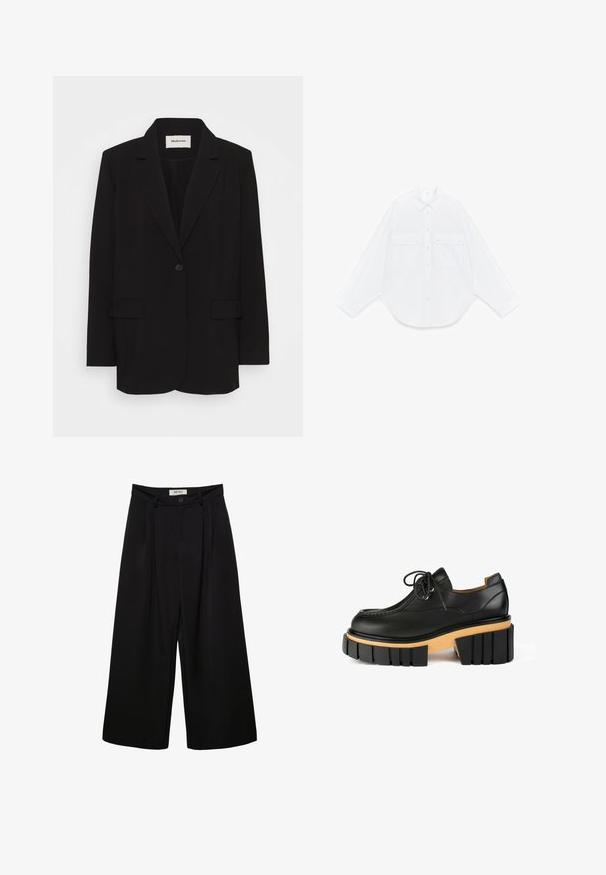 Blazer noir en tissu lisse, avec une fermeture à un bouton, des revers crantés et deux poches avant. Design minimaliste avec une coupe relaxée.; Chemise blanche à manches longues avec boutons, col pointu et deux poches avant à rabat avec boutons, posée à plat sur un fond blanc.; Pantalon noir à jambes larges avec taille haute, présentant des plis à l'avant, deux poches latérales et une fermeture par bouton. Texture de tissu lisse.; Chaussure en cuir noire avec un bout arrondi, un design à lacets, une plateforme en bois épaisse et une semelle en caoutchouc noir épaisse avec des rainures verticales.