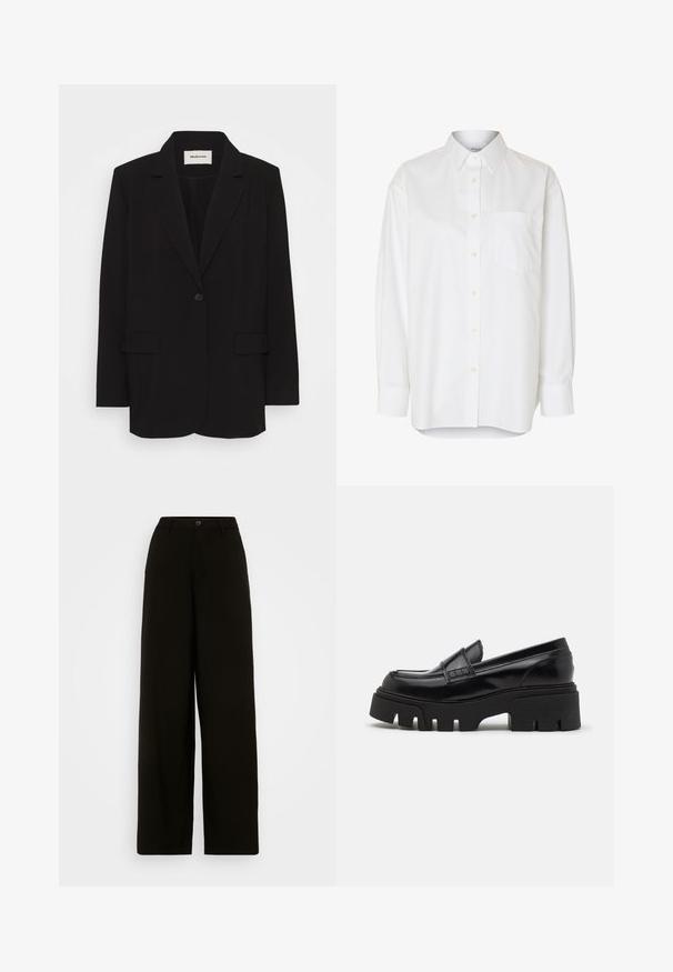 Sort blazer lavet af glat stof, med en enkelt knaplukning, stiklagte klipper og to forlommer. Minimalistisk design med en afslappet pasform.; Hvid langærmet skjorte med knapper, spids krave og brystlomme, vist mod en ensfarvet baggrund.; Sorte brede bukser lavet af glat stof, med en knaplukning i livet og en skræddersyet silhuet uden synlige mønstre.; Sorte læder loafers med en chunky, tekstureret platformssål og en dekorativ rem over toppen. Glat, blank finish.