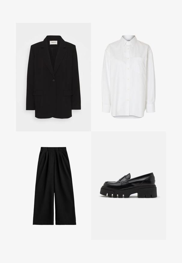 Blazer negro de tela suave, con un cierre de un solo botón, solapas de muesca y dos bolsillos frontales. Diseño minimalista con un corte relajado.; Camisa blanca de manga larga con botones, cuello puntiagudo y bolsillo en el pecho, mostrada sobre un fondo liso.; Pantalones negros de pierna ancha y cintura alta con pasadores para cinturón, pliegues delanteros y un acabado de tela limpio y suave.; Mocasines de cuero negro con una suela de plataforma gruesa y texturizada, y una correa decorativa en la parte superior. Acabado liso y brillante.