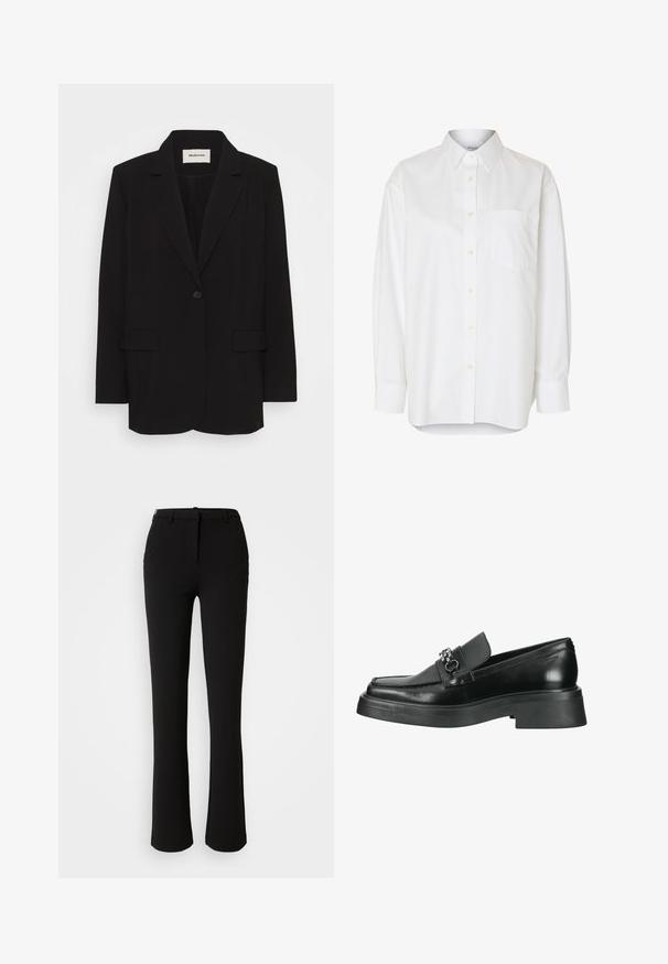 Sort blazer lavet af glat stof, med en enkelt knaplukning, stiklagte klipper og to forlommer. Minimalistisk design med en afslappet pasform.; Hvid langærmet skjorte med knapper, spids krave og brystlomme, vist mod en ensfarvet baggrund.; Sorte bukser lavet af et glat stof, med et lige ben design, frontlommer og en standard talje med en bæltestrop.; Sort læderloafer med en glat finish, der har et hævet frontpanel, sølvfarvet hardwareaccent og en kraftig gummisål.