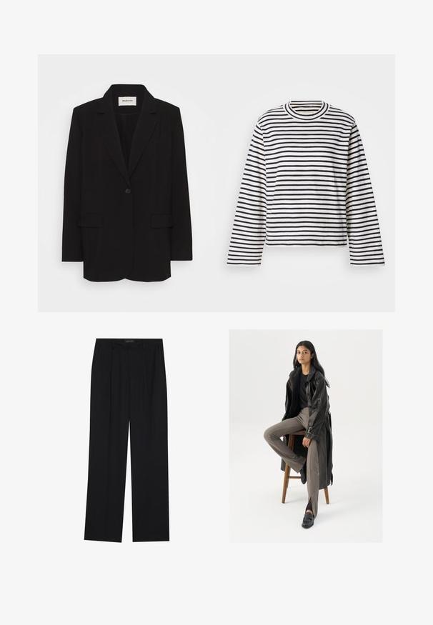 Sort blazer lavet af glat stof, med en enkelt knaplukning, stiklagte klipper og to forlommer. Minimalistisk design med en afslappet pasform.; Langærmet, cropped top i hvid bomuld med sorte vandrette striber. Har en rund halsudskæring og blød tekstur.; Sorte bukser med en lige ben-design, der har to forlommer og en talje. Lavet af et glat, let stof.; Sort læder trench coat med knapper og bælte detalje, parret med lysebrune tætsiddende bukser og sorte loafers, siddende på en træstol.