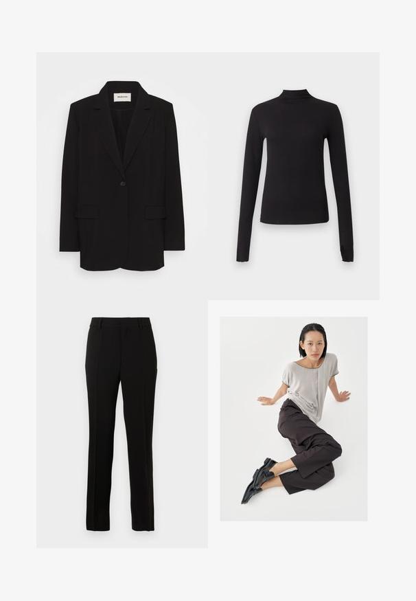 Zwarte blazer van soepel stof, met een enkele knoopsluiting, gelapte revers en twee voorkruiden. Minimalistisch ontwerp met een relaxte pasvorm.; Zwart aansluitend shirt met lange mouwen en nepkraag, weergegeven op een effen lichtgrijze achtergrond.; Zwarte op maat gemaakte pantalon van een gladde stof, met een rechte snit, plooien, riemlussen en een rits om te sluiten.; Lichtgrijze top met korte mouwen, donkere wijde broekspijpen en zwarte loafers. Soepele stof, ontspannen pasvorm en contrasterende bies op het shirt.