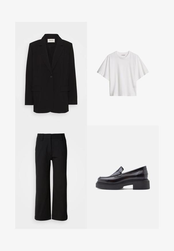Čierny blazer vyrobený z hladkej tkaniny, s jedným gombíkom na zapínanie, s vykrojenými klopami a dvoma prednými vreckami. Minimalistický dizajn s voľnejším strihom.; Biele bavlnené tričko s krátkym rukávom, voľného strihu, s okrúhlym výstrihom a značkovou nášivkou vo vnútri goliera.; Čierne nohavice so širokými nohavicami vyrobené z hladkej látky. Disponujú plochým predným dielom, pútkami na opasok a čistým okrajom bez vreciek alebo viditeľných zapínaní.; Čierne lakové mokasíny so širokým štvorcovým prstom, vyvýšenou podrážkou a minimálnym prešitím na priehlavku. Plochá, robustná gumová podrážka.
