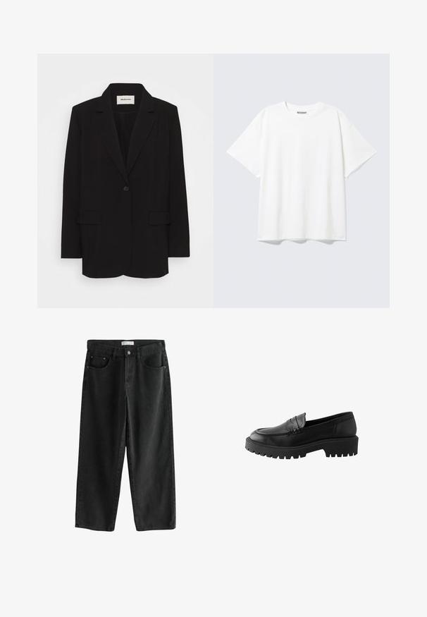 Sort blazer lavet af glat stof, med en enkelt knaplukning, stiklagte klipper og to forlommer. Minimalistisk design med en afslappet pasform.; Hvid T-shirt med korte ærmer og rund halsudskæring med en afslappet pasform og et "WEEKDAY" mærke på indersiden af nakken bagtil.; Sorte denim bukser med brede ben og mellemhøj talje, der har to forlommer, en knappelukning og subtile syningsdetaljer.; Sort læder loafer med rund tå, hævet sømdetalje og kraftig gummisål med dybe riller for bedre greb.