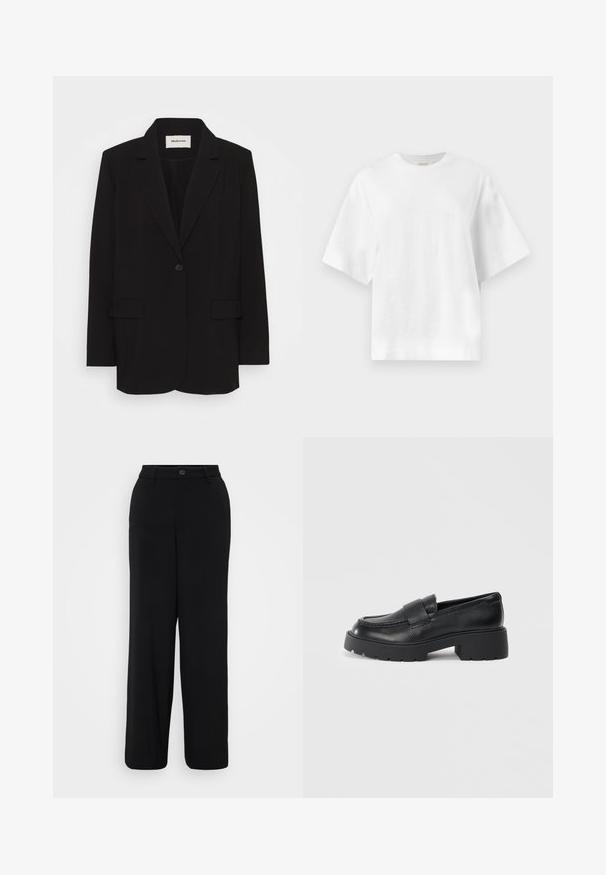 Sort blazer lavet af glat stof, med en enkelt knaplukning, stiklagte klipper og to forlommer. Minimalistisk design med en afslappet pasform.; Plain hvid oversized T-shirt med korte ærmer og rund halsudskæring, vist fladt mod en lys grå baggrund.; Sorte breddebenbukser lavet af et glat stof. Har en taljebånd med en knaplukning og detaljer med frontfolder.; Sorte læderloafers med en struktureret finish, der har et rektangulært bånd over vamps og et groft, klodsede således design.