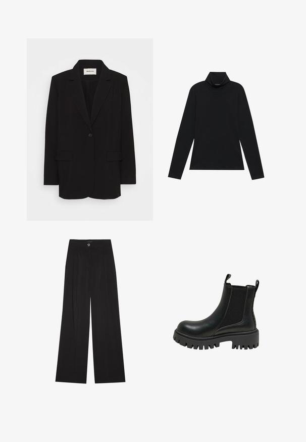 Blazer noir en tissu lisse, avec une fermeture à un bouton, des revers crantés et deux poches avant. Design minimaliste avec une coupe relaxée.; Turtleneck à manches longues noir. Tissu doux, design près du corps, col montant et coutures latérales. Style simple et polyvalent, idéal pour le superposition.; Pantalon noir à jambes larges en tissu doux, avec taille haute, plis avant et une fermeture à bouton unique. Texture lisse et coupe ajustée.; Bottes chevilles en cuir noir avec des panneaux élastiques sur les côtés, semelle en caoutchouc épaisse et languette de tirage. Présente une finition lisse et une texture nervurée.