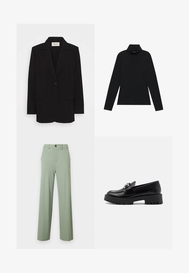 Blazer noir en tissu lisse, avec une fermeture à un bouton, des revers crantés et deux poches avant. Design minimaliste avec une coupe relaxée.; Turtleneck à manches longues noir. Tissu doux, design près du corps, col montant et coutures latérales. Style simple et polyvalent, idéal pour le superposition.; Pantalon vert clair à jambe droite avec passants de ceinture, poches latérales et fermeture à bouton sur la taille.; Mocassins en cuir noir avec une semelle épaisse et nervurée et un accent de boucle métallique sur la sangle. Texture lisse, design classique.