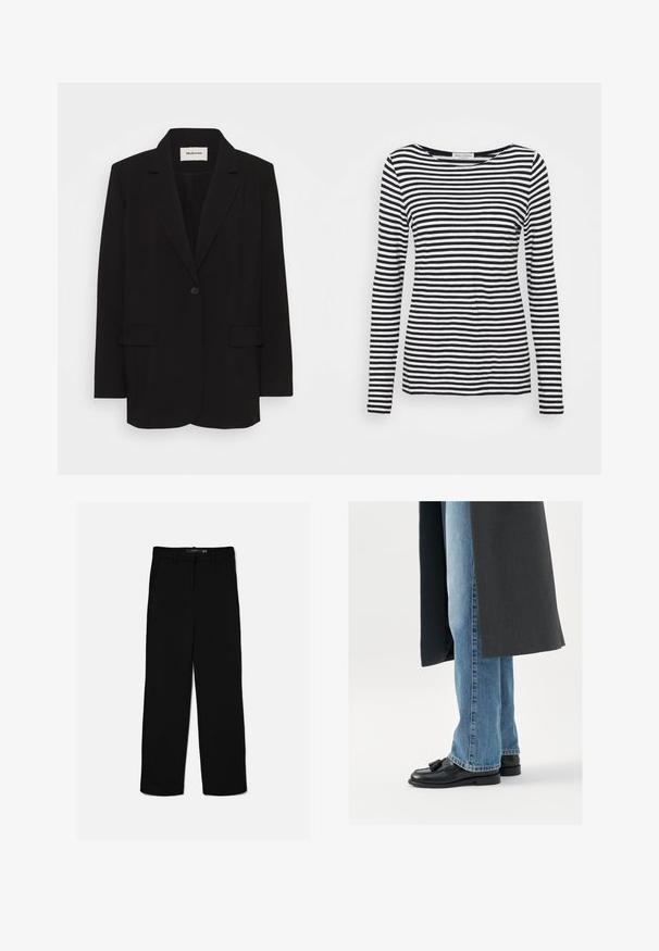Blazer negro de tela suave, con un cierre de un solo botón, solapas de muesca y dos bolsillos frontales. Diseño minimalista con un corte relajado.; Camisa de manga larga y cuello redondo con un patrón de rayas en blanco y negro. Fabricada con una tela suave y de corte regular. Diseño limpio y minimalista.; Pantalones negros de corte recto con trabillas, cremallera frontal y bolsillos laterales, colocados planos sobre un fondo claro.; Mocasines de cuero negro con borlas, combinados con jeans rectos de color azul claro, complementados por un abrigo gris oscuro. Líneas limpias y tejido texturizado.