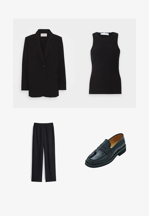 Schwarzes Blazer aus glattem Stoff, mit einem einzelnen Knopfverschluss, Reverskragen und zwei Fronttaschen. Minimalistisches Design mit lockerer Passform.; Schwarzes geripptes ärmelloses Tanktop mit rundem Ausschnitt. Hergestellt aus einem dehnbaren Stoff, hat es eine figurschmeichelnde Passform und eine glatte Textur.; Schwarze weite Hose aus glattem Stoff mit elastischem Bund und ohne sichtbare Taschen. Gerade Form mit sauberem Finish.; Schwarze Lederloafer mit glatter Oberfläche, ausgestattet mit einem erhöhten Riemen über dem Rist, einer runden Zehenform und einer niedrigen, flachen Gummisohle.