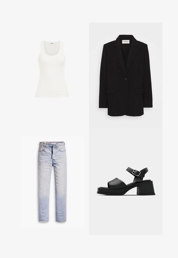 Sort blazer lavet af glat stof, med en enkelt knaplukning, stiklagte klipper og to forlommer. Minimalistisk design med en afslappet pasform.; Hvid ribbet tanktop med rund halsudskæring og brede stropper. Stoffet ser strækbart og tætsiddende ud, velegnet til lag-på-lag eller afslappet brug.; Lyseblå denimjeans med lige ben, der har en knaplukning, fem lommer og en diskret falmning langs benene.; Sorte læder platform sandaler med peep-toe design, ankelrem og en kraftig firkantet hæl. Glat tekstur og minimalistisk stil.