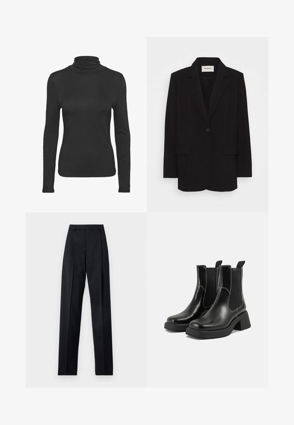 Zwarte blazer van soepel stof, met een enkele knoopsluiting, gelapte revers en twee voorkruiden. Minimalistisch ontwerp met een relaxte pasvorm.; Zwarte lange mouw turtleneck shirt gemaakt van glad, rekbaar materiaal. Heeft een aansluitend ontwerp en een klassieke hoge kraag.; Zwarte broek gemaakt van gladde stof met een hoge taille, wijde benen, voorplooien en klassieke ceintuurlussen. Geen zijzakken zichtbaar.; Zwarte leren Chelsea-boots met een chunky hak, elastische zijpanelen en contrasterende witte stiksels. Gestructureerde afwerking.
