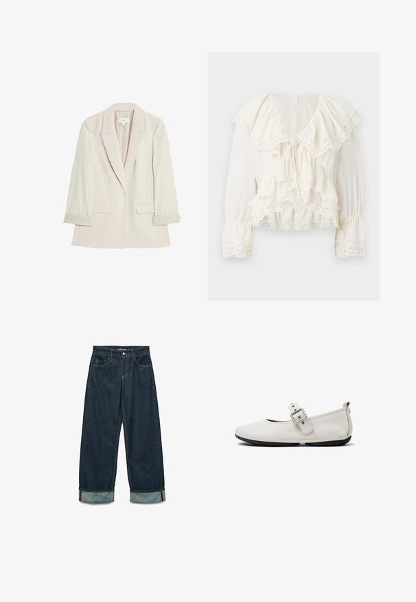 Lichtbeige blazer gemaakt van gladde stof, met een sluiting met één knoop, ingezette revers en twee voorzakken met opgerolde mouwen.; Witte blouse met een gelaagd, ruchesontwerp, kantafwerking op de mouwen en onderrand, en een V-halslijn met een trekkoordsluiting.; Donkerblauwe denimbroek met een losse pasvorm, voorzien van opgerolde broekspijpen, vijf zakken en contrasterende stiksels.; Gebroken witte leren Mary Jane platte schoen met zilveren gesp en zwarte rubberen zool, zijaanzicht.