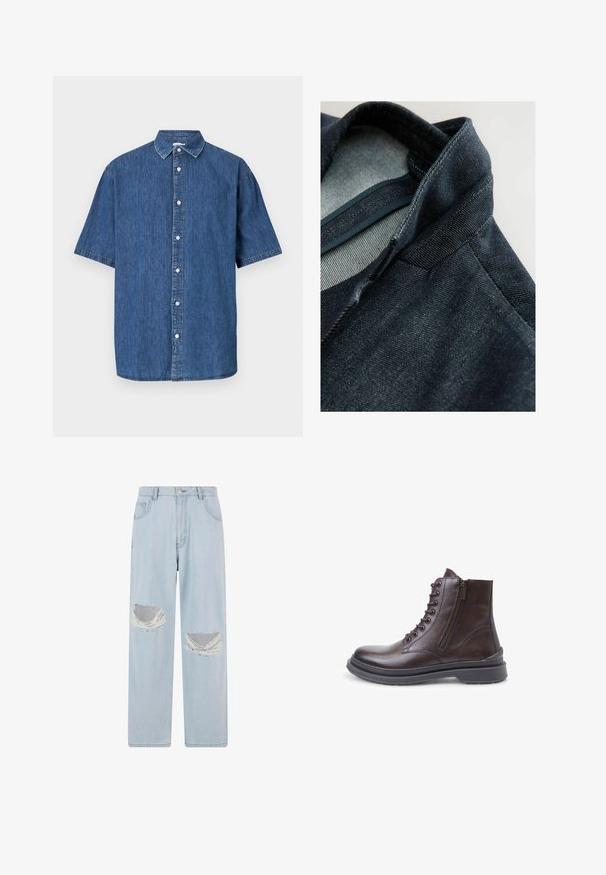 Dunkelblaue Jeansjacke mit einem strukturierten Kragen und subtiler Textur. Verfügt über ein hellgraues Futter und detaillierte Nähte entlang der Nähte.; Kurzärmliges Denim-Shirt in Dunkelblau. Verfügt über eine durchgehende Knopfleiste, klassischen Kragen und gestichelte Details entlang der Kanten.; Hellblaue Jeans aus Denim mit weitem Beinschnitt, ausgestattet mit zwei abgenutzten Patches mit fransigen Kanten. Enthält einen standardmäßigen Knopf- und Reißverschluss.; Braune Leder-Clogs mit Schnürung und seitlichem Reißverschluss. Verfügt über eine dicke Sohle und eine glatte Textur. Flaches Heel-Design für Stabilität.