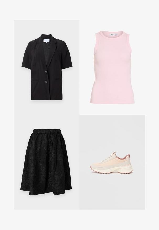 Must lühikeste varrukatega bleiser saleda kraaga, kahe esikäljega nööbi ja esikäpoolega, eksponeeritud tasapinnaliselt valgel taustal.; Varrukateta, soonikkoes hele roosa tanktop ümar kaelusega, keha järgiva lõikega ja kaeluse siseküljel brändisildiga.; Musthave mustrikiga elastse vööga must seelik, millel on tekstuuriga lillemustrid. Kanga välimus on kerge ja veidi kortsuline.; Heled roosa spordijalgpall, millel on tekstuuriga pealisosa, siledad paneelid ja massiivne valge vaheosa. Omab roosat kummist tallat, mis tagab haarde.