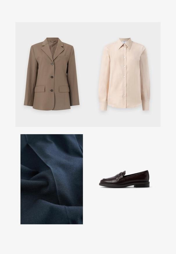 Brun skræddersyet blazer med hakkraver, tre knapper foran, to lommer med klap og en brystlomme, vist på en ensfarvet baggrund.; Beige langærmet skjorte med knaplukning og klassisk krave, der har en glat tekstur, enkel design og hvide knapper foran.; Mørkeblå stof med en glat, mat overflade, der har bløde folder og krøller. Materialet virker let og falder let.; Brune læder loafers med en glat finish, der har en syet, hævet bånd over forsiden og en lav hæl. Simpelt design, klassisk form.