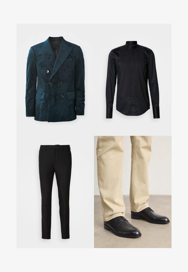 Dvojný blazer v sýtej smaragdovej farbe, vyrobený z jemného zamatového materiálu. Má špicatý golier, dve predné vrecká a šesť gombíkov vpredu.; Čierna košeľa s dlhým rukávom s mandarínkovým golierom, predná časť s vertikálnymi pruhmi a hladkou textúrou. Dokončená gombíkovými uzávermi.; Čierne nohavice so slim fit strihom, s gombíkom na zapínanie, zipsom a dvoma prednými vreckami. Hladká tkanina s matným povrchom.; Čierne kožené šnurovacie topánky s okrúhlou špičkou, hladkým povrchom a jemnými detailmi prešitia, nosené so svetlo béžovými nohavicami.