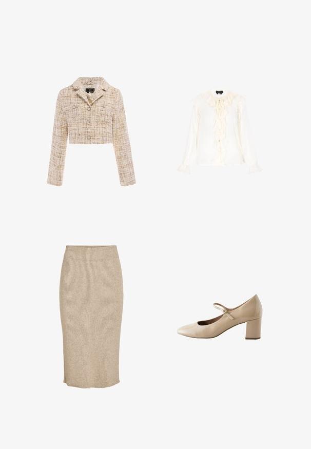 Beige og hvid tweed cropped jakke med lange ærmer, krave, knapper foran og to brystlommer med perleagtige knapper.; Hvid bluse lavet af let stof, med en flæsekrave, flæsedetalje foran og knaplukning. Ærmekanterne har flæsedetaljer.; Strik nederdel i en lys beige farve med lodret ribbestruktur, knælang med elastisk talje og lige skæring.; Beige laklæder Mary Jane-sko med rund tå, spænde og lav blokhæl.
