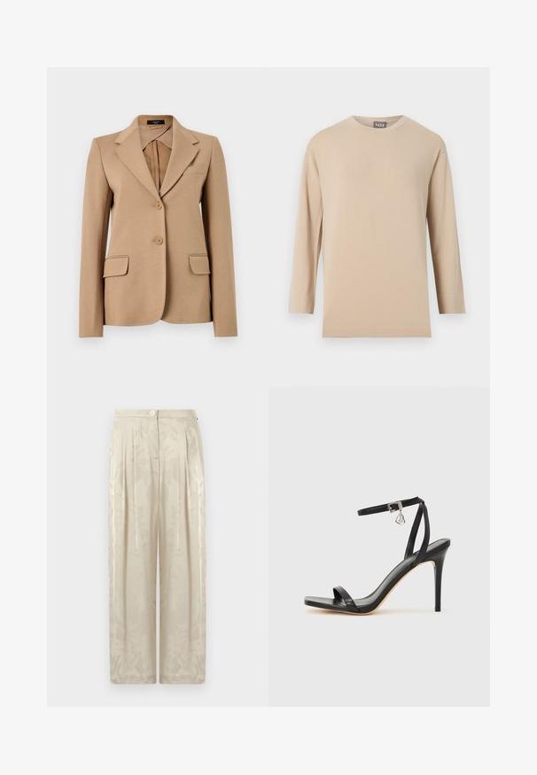 Blazer beige pour femme, cintré, avec revers crantés, deux boutons sur le devant, poches à rabat et une poche poitrine passepoilée, présenté sur un fond uni.; T-shirt beige à manches longues avec col rond et ourlet droit, présenté sur un fond blanc uni.; Pantalon beige taille haute à jambes larges avec un motif floral subtil, fermeture avant par boutons et détails plissés.; Sandale à talon haut noire avec une bride étroite à la cheville, bout carré, cuir lisse et accent de boucle métallique.