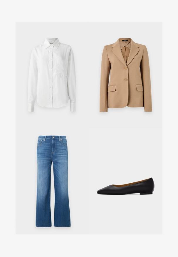 Beige dameblazer med tilpasset pasform, med hakkede revers, to knapper foran, lommer med klap og en brystlomme, vist på en ensfarvet baggrund.; Hvid langærmet skjorte med knaplukning, lavet af glat stof, har en spids krave, brystlomme og knappede manchetter for et skræddersyet look.; Vidbenede denimjeans i lyseblå. Har høj talje, knaplukning og kontrastsyninger. Glat tekstur med let falmning.; Sort læder flad sko med spids tå, lav hæl og glat finish, vist fra siden på en lysegrå baggrund.