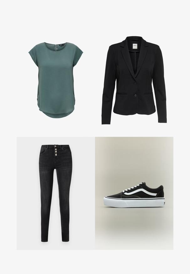 Blazer noir ajusté en tissu lisse, avec un revers cranté, deux poches avant et deux boutonnières.; Haut vert à manches courtes en tissu texturé. Présente un col rond et une fermeture éclair discrète au dos, avec un ourlet légèrement arrondi.; Jean skinny noir taille haute avec quatre boutons blancs visibles et poches avant, présenté sur un fond gris clair uni.; Baskets basses noires avec bande blanche latérale, lacets blancs, semelle en caoutchouc blanche et bout texturé sur fond neutre.
