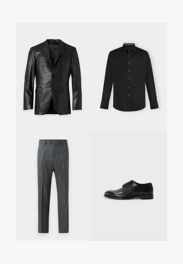 Čierny kožený blazer s klopami, dvoma prednými gombíkmi a tromi vreckami s chlopňami, zobrazený na jednoduchom svetlom pozadí.; Čierna košeľa s dlhým rukávom na gombíky s klasickým golierom, bielou vzorovanou vnútornou podšívkou a čiernymi gombíkmi vpredu.; Šedé elegantné nohavice s jemným kontrolným vzorom, rovným strihom a hladkou textúrou látky. Obsahuje pútka na opasok a zips.; Čierne kožené spoločenské topánky s okrúhlou špičkou, šnurovacími detailmi, hladkým povrchom a nízkym gumovým podpätkom. Minimalistické prešívanie.