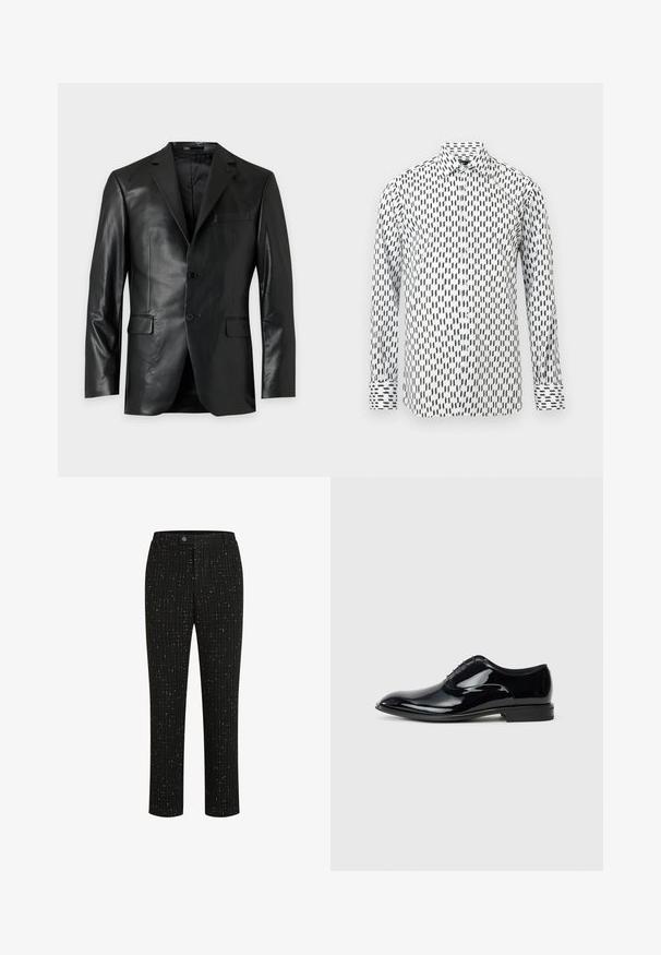 Zwarte leren blazer met revers, twee knopen aan de voorkant en drie klepzakken, getoond tegen een effen lichte achtergrond.; Witte blouse met lange mouwen, knoopsluiting, zwart geometrisch zigzagpatroon en klassieke kraag op een effen lichtgrijze achtergrond.; Zwarte op maat gemaakte broek met een gestructureerd patroon van dunne verticale witte lijnen, een rechte snit en een knoopsluiting in de taille.; Zwarte gepatineerde leren dress shoe met een slank ontwerp, spitse neus en zes oogjes voor veters; gladde oppervlakte en een lage hak.