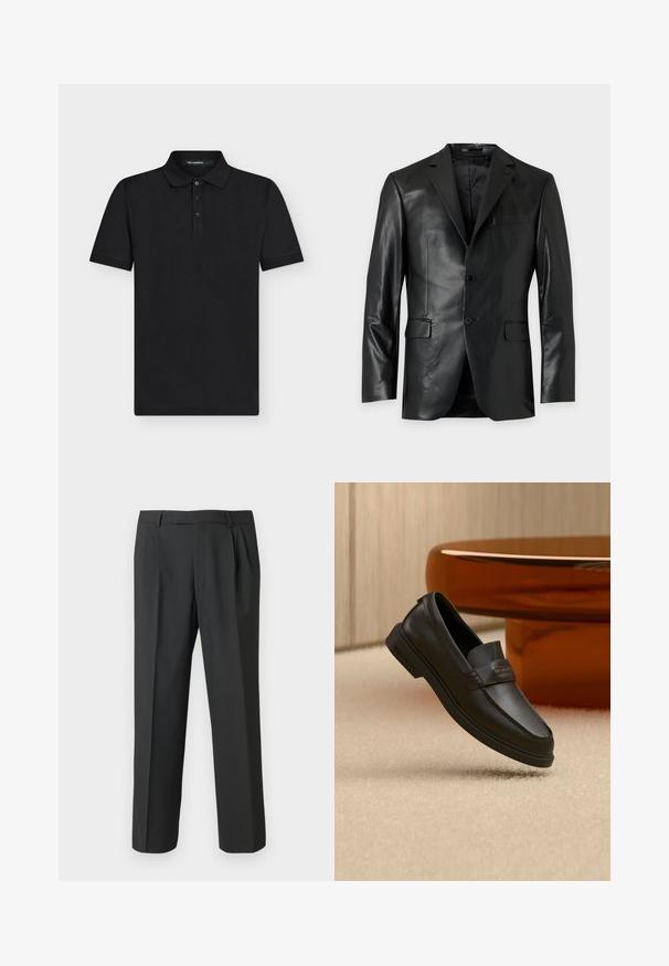 Blazer en cuir noir avec revers, deux boutons devant et trois poches à rabat, présenté sur un fond clair uni.; Polo noir à manches courtes avec trois boutons et un subtil motif ton sur ton "KL", col et étiquette Karl Lagerfeld à l'intérieur du col.; Pantalon noir en tissu lisse, avec une coupe droite, un devant plissé et une taille standard avec passants pour ceinture.; Chaussure noire en cuir à enfiler avec des accents cousus, un col relevé et une semelle en caoutchouc plate, positionnée au-dessus d'une surface beige douce.