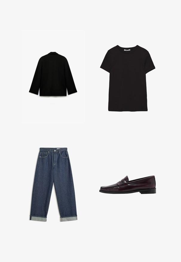 Sort jakke med en glat, mat tekstur. Har en spids krave, lange ærmer og en lige snit med et rent bagsidedesign. Ingen synlige lukninger.; Sort kortærmet t-shirt i bomuld med rund halsudskæring, standard pasform og synlig indvendig halsmærkat.; Mørkeblå, vide denimbukser med foldede manchetter, frontknap og lynlås, bæltestropper og fem lommer.; Mænds mørkebrune læder penny loafers med sort sål og syning langs tåen, vist i sideprofil.