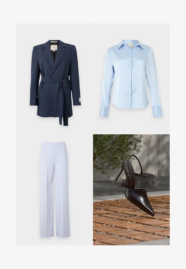 Marineblå blazer med bælte, med notch-revers, lange ærmer og forlommer med paspoler, vist mod en hvid baggrund.; Lyseblå satin bluse med langærmer, skjulte knapper foran, spids krave og brede manchetter, vist på en hvid baggrund.; Lyseblå bredbugede bukser lavet af blødt stof, med en høj talje og frontfolder for ekstra strukturer.; Blank højhælet mule med spids tå og ankelrem, svævende over en terracottaflisebelagt overflade med grusfyldte mellemrum.