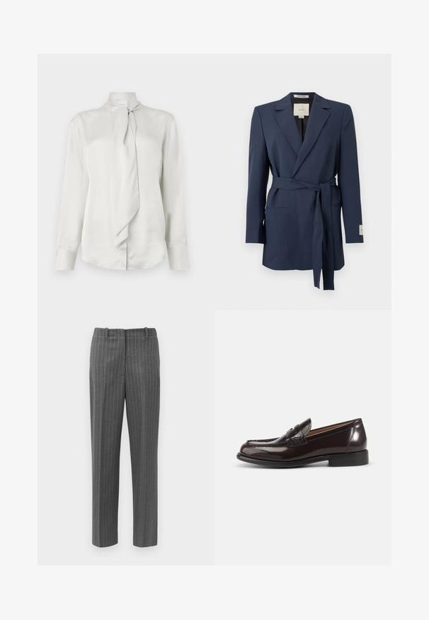 Marineblå blazer med bælte, med notch-revers, lange ærmer og forlommer med paspoler, vist mod en hvid baggrund.; Hvid langærmet bluse med høj krave og en foran knyttet tørklæde-detail, fremstillet af et glat satinlignende stof.; Grå stribede bukser med skræddersyet pasform, der har en glat tekstur og lige ben-design. Indeholder bæltestropper og frontlommer.; Mørkebrune polerede læder herre penny loafer med lav hæl og syningsdetaljer på hvid baggrund.