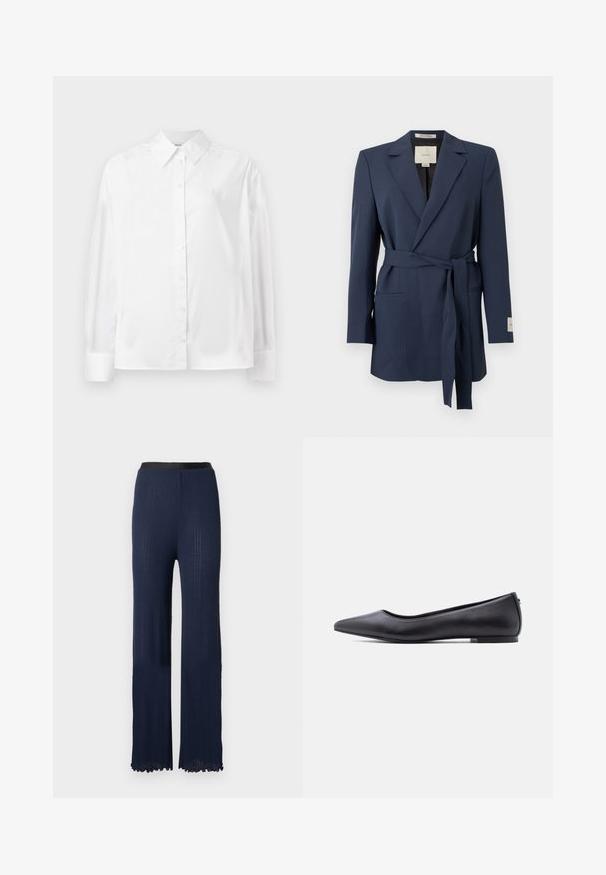Marineblauwe blazer met riem, schootkraag, lange mouwen en voorzakken met bies, afgebeeld tegen een witte achtergrond.; Witte langemouwige button-up shirt in een gladde katoenmix. Voorzien van een klassieke kraag, een knoopsluiting aan de voorkant en afgeronde manchetten.; Donkerblauwe gebreide broek met een uitlopende pasvorm, voorzien van een gladde zwarte tailleband en een gestructureerd geribd patroon over het gehele oppervlak.; Zwarte platte leren schoen met puntige neus en lage hak, zijaanzicht tegen een witte achtergrond.