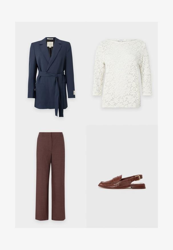 Blazer bleu marine avec ceinture, cols crantés, manches longues et poches passepoilées sur le devant, présenté sur un fond blanc.; Blouse blanche à manches longues en dentelle avec motif floral, col bateau et tissu semi-transparent.; Pantalons larges marron en tissu texturé avec une finition lisse, présentant un devant plat, des passants de ceinture et des poches latérales.; Dolce Vita HARDI - Chaussons - brown