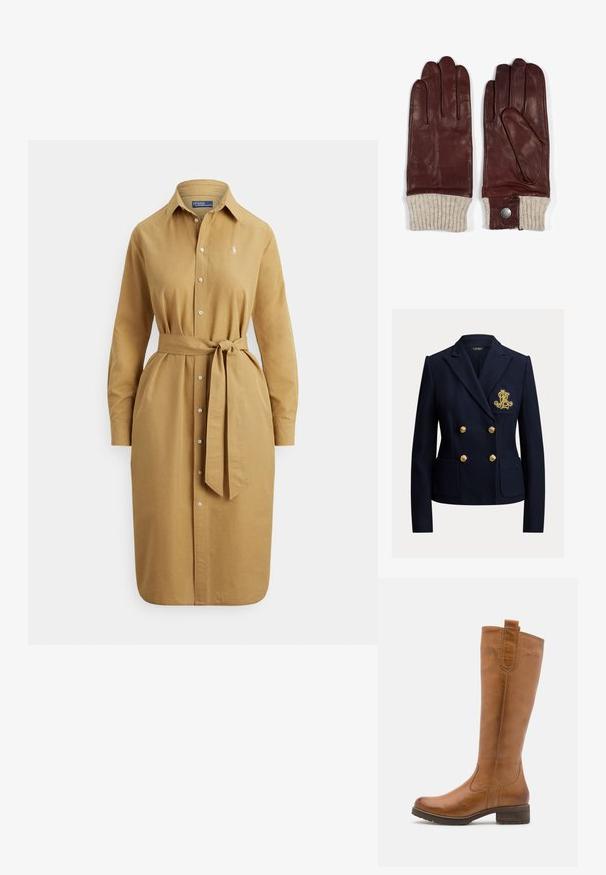 Navyblå dobbeltradet blazer med guldknapper, to forlommer og et gyldent broderet monogram på brystlommen.; Langærmet kamelfarvet skjortekjole med knapper foran, et bundet taljebælte, krave og lille broderet logo på brystet.; Anna Field by Zalando LEATHER - Høje støvler/ Støvler - cognac; Brune læderhandsker med ribbede tan strikkede manchetter, der har en trykknapdetalje ved håndleddet. Glat tekstur og tætsiddende fem-finger design.