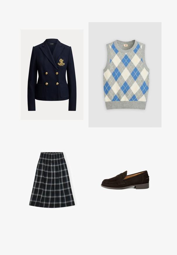 Blazer bleu marine croisé avec des boutons dorés, deux poches avant et un monogramme brodé en or sur la poche poitrine.; Pull gris sans manches avec un motif argyle bleu, blanc et jaune. Il présente un col rond et un ourlet côtelé. Fabriqué en tissu doux.; Jupe à carreaux noir et blanc avec un waistband smocké, longueur genou, présentant un design évasé et une texture de tissu douce.; Mocassin en daim marron avec un bout arrondi, une lanière décorative de type penny, des détails cousus et un petit talon en caoutchouc texturé.