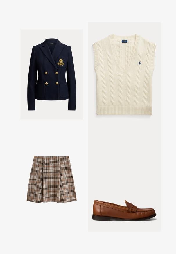 Navyblå dobbeltradet blazer med guldknapper, to forlommer og et gyldent broderet monogram på brystlommen.; Ærmeløs sweatervest i cremet kabelstrik med V-hals og lille mørkeblå Polo Ralph Lauren-logo på brystet.; Ternede nederdel i et vævet stof med beige, sort og orange ternmønstre. A-formet med plisseringer foran for bevægelse.; Brun læderloafer med lav sort hæl, mok-tå-syning og en dekorativ rem over toppen, vist mod en hvid baggrund.