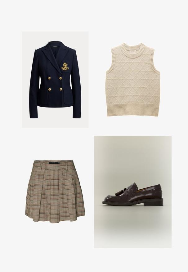 Navyblå dobbeltradet blazer med guldknapper, to forlommer og et gyldent broderet monogram på brystlommen.; Beige strikket ærmeløs sweater med diamantmønster, ribbet krave og kant, lavet af blødt materiale for komfort. Mærket er synligt indeni.; Vero Moda VMELLIE Mid waist Mini - A-snit nederdel - silver mink; Mørkebrun læderloafer med frynser, lav hæl og synet sål, vist fra siden på en neutral baggrund.