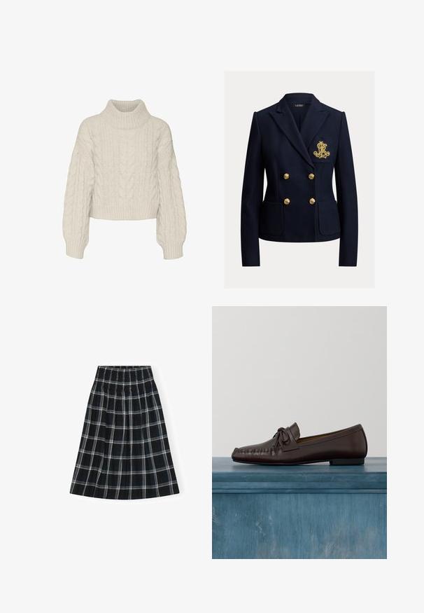 Blazer bleu marine croisé avec des boutons dorés, deux poches avant et un monogramme brodé en or sur la poche poitrine.; Vero Moda Knitted VMDREAM Knitted - Pullover - birch; Jupe à carreaux noir et blanc avec un waistband smocké, longueur genou, présentant un design évasé et une texture de tissu douce.; Mocassins en cuir marron avec un bout arrondi, un détail de nœud et des surpiqûres décoratives le long du devant. Semelle plate en caoutchouc noir.