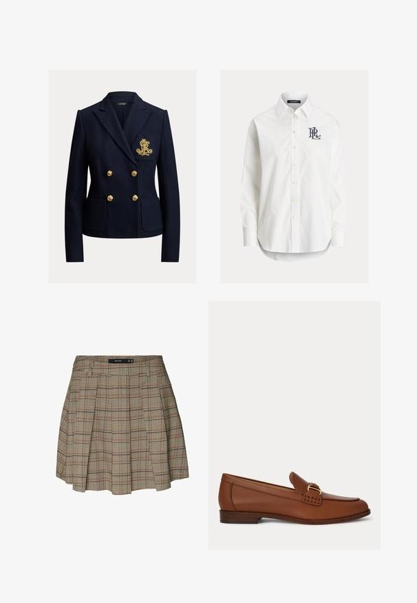 Navyblå dobbeltradet blazer med guldknapper, to forlommer og et gyldent broderet monogram på brystlommen.; Hvid langærmet skjorte med knapper og spidser krave samt sort broderet logo på venstre bryst.; Vero Moda VMELLIE Mid waist Mini - A-snit nederdel - silver mink; Brun læder loafer med guldfarvet spænde og lavt træhæl, vist fra siden på en ensfarvet baggrund.
