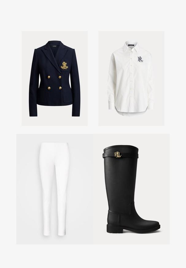 Marineblauer, doppelreihiger Blazer mit goldenen Knöpfen, zwei vorderen Taschen und einem goldbestickten Monogramm auf der Brusttasche.; Weißes langärmeliges Hemd mit Knöpfen und spitzem Kragen sowie schwarzem, gesticktem Logo auf der linken Brust.; Weiße Leggings aus dehnbarem Material. Eng anliegendes Design mit glatter Textur, das sich an den Knöcheln verjüngt, ohne sichtbare Verschlüsse oder Verzierungen.; Schwarzer knielanger Regenstiefel mit niedrigem Absatz und goldener RLL-Logo-Schnalle nahe dem oberen Rand auf einem schlichten hellen Hintergrund.