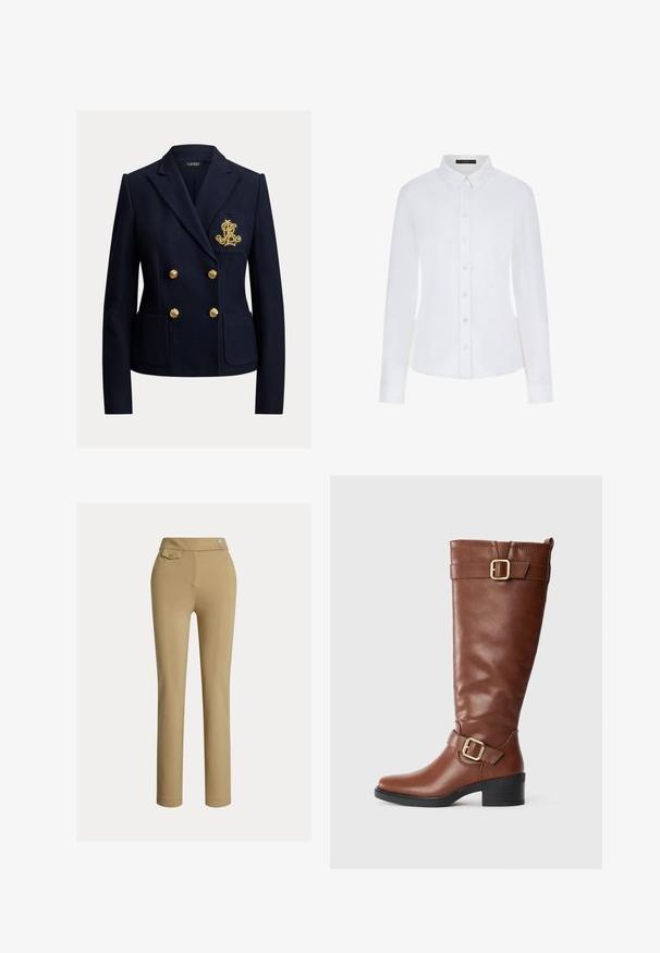 Navyblå dobbeltradet blazer med guldknapper, to forlommer og et gyldent broderet monogram på brystlommen.; Hvid langærmet skjorte med krave, knaplukning foran og manchetter. Fremstillet af glat stof med en tætsiddende pasform og uden synlige mønstre.; Beige skræddersyede bukser med en glat tekstur, høj talje, to dekorative knapper og en enkelt baglomme. Lige ben-design.; Brun knæhøj læderstøvle med to gyldne spænder, lav sort blokhæl og snoretab bagpå på en helt hvid baggrund.